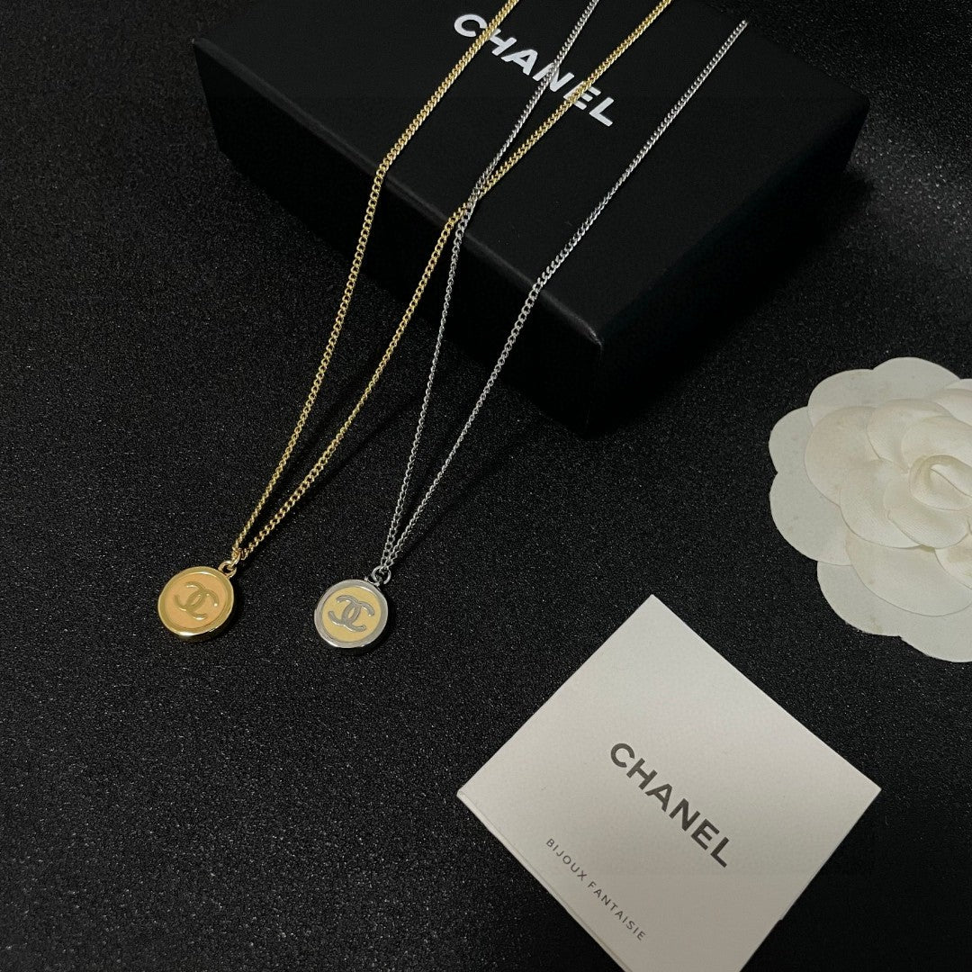 Double-C Emblem Pendant Necklace in Polished Metal-Tone – Design 028 close-up detail