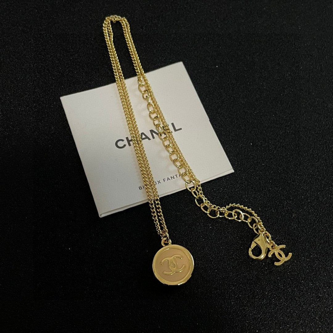 Double-C Emblem Pendant Necklace in Polished Metal-Tone – Design 028 styled product view