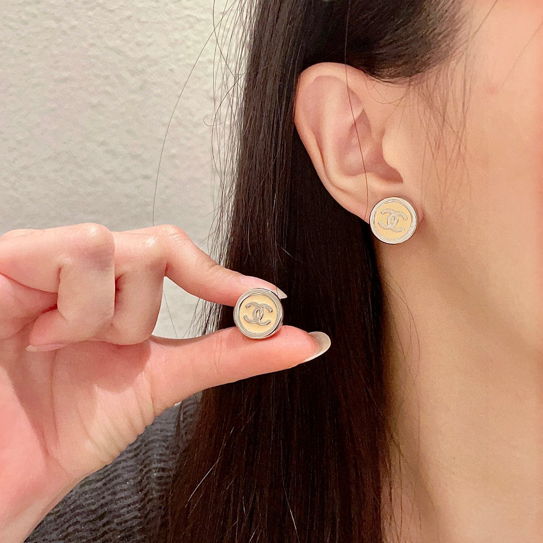 Double-C Emblem Stud Earrings in Polished Metal-Tone – Design 222 main product view