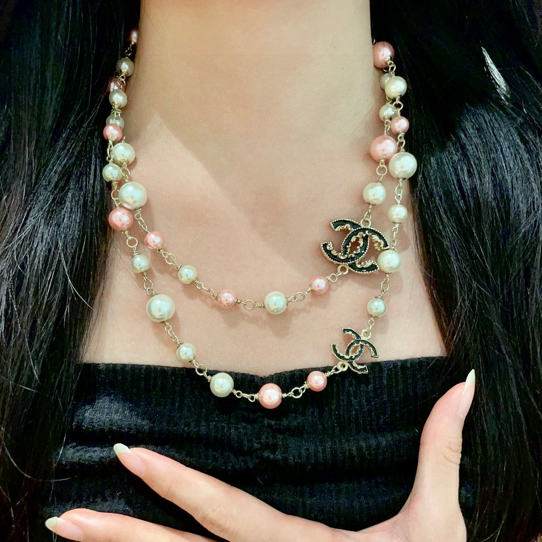 Double-C Emblem Pearl-Detail Pendant Necklace – Pearl Detail – Design 051 front product view
