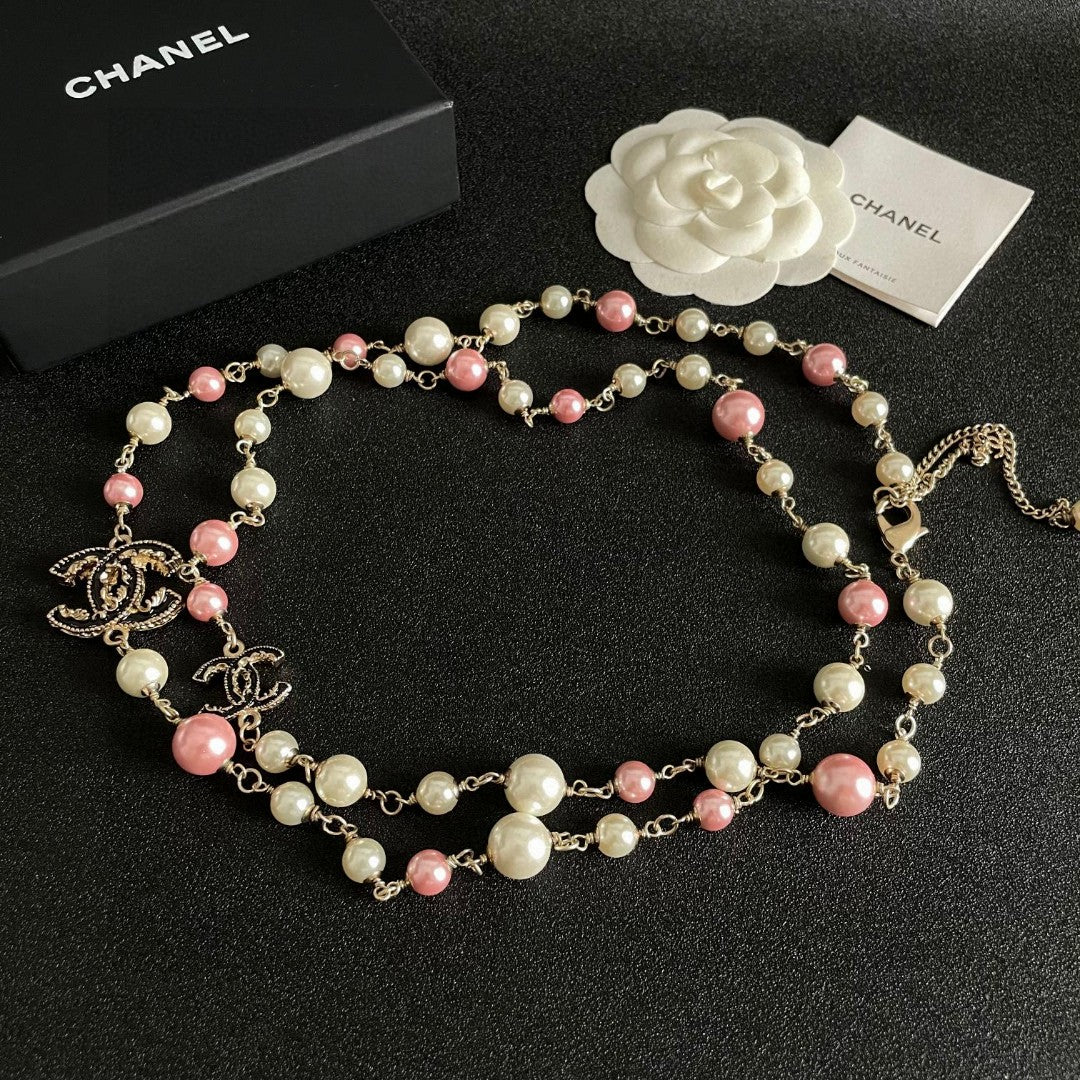 Double-C Emblem Pearl-Detail Pendant Necklace – Pearl Detail – Design 051 styled product view