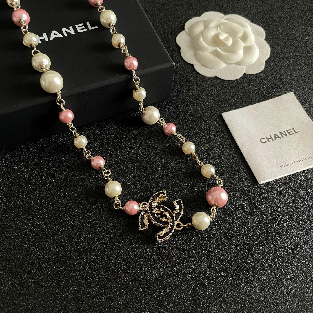 Double-C Emblem Pearl-Detail Pendant Necklace – Pearl Detail – Design 051 front product view