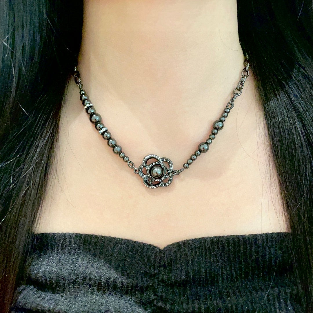 Camellia Pendant Necklace in Black-Tone detail view