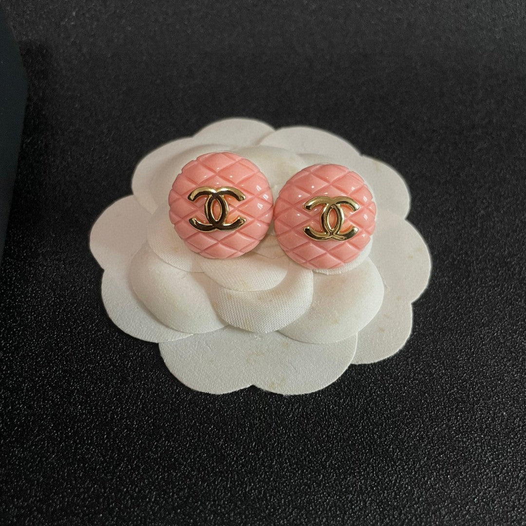 Double-C Emblem Stud Earrings in Polished Metal-Tone – Design 201 front product view