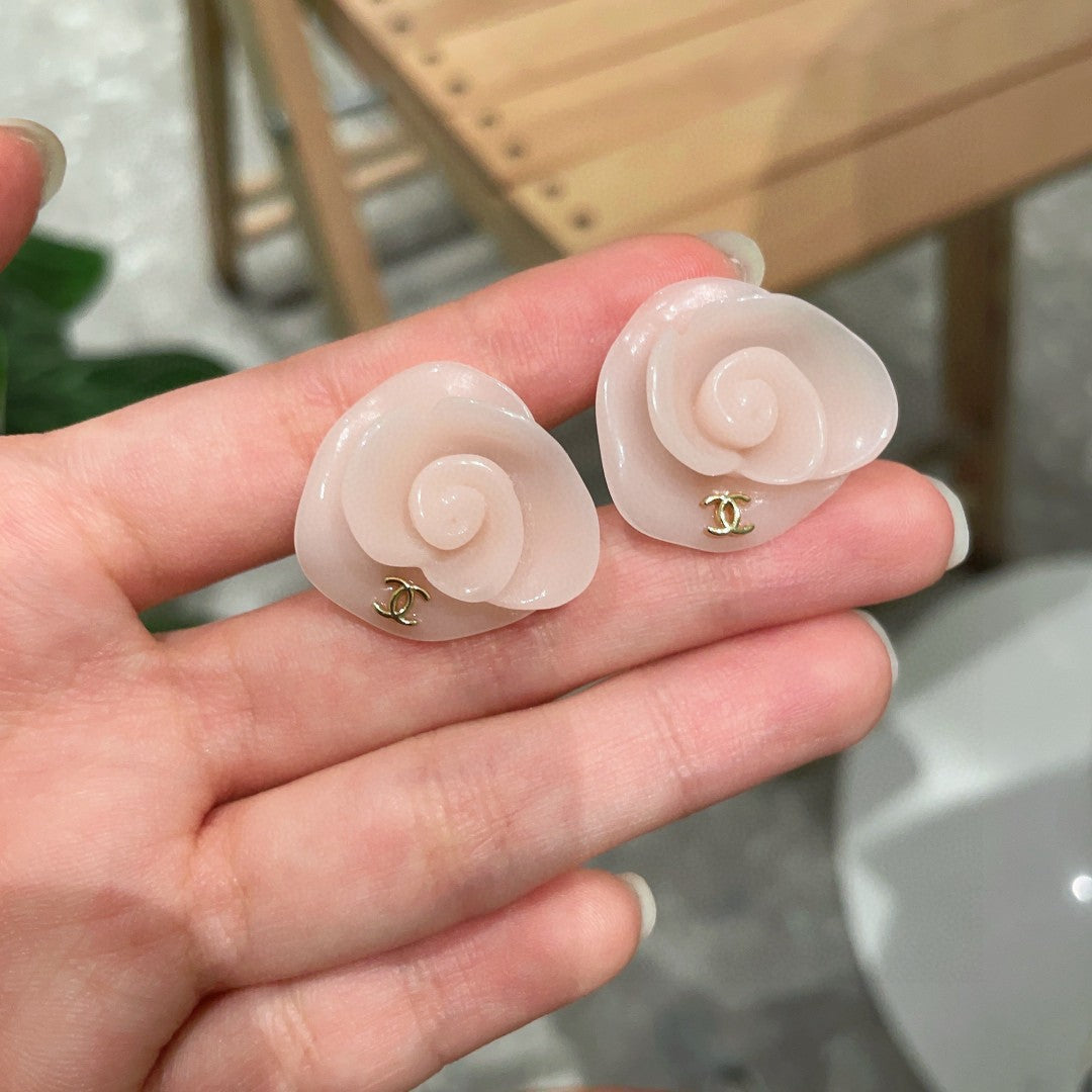 Camellia Stud Earrings in Polished Metal-Tone – Camellia Detail – Design 032 side detail