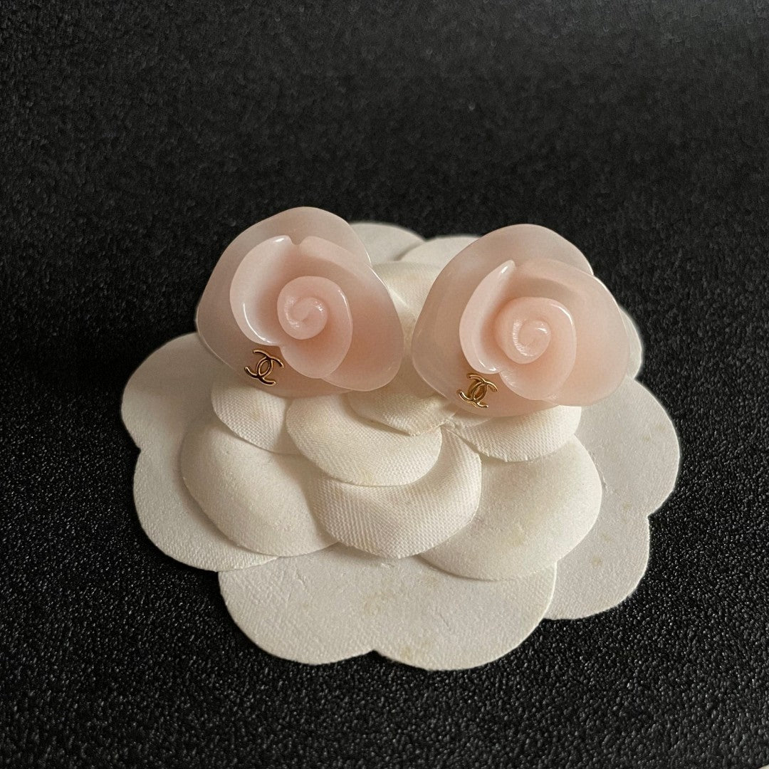 Camellia Stud Earrings in Polished Metal-Tone – Camellia Detail – Design 032 front product view