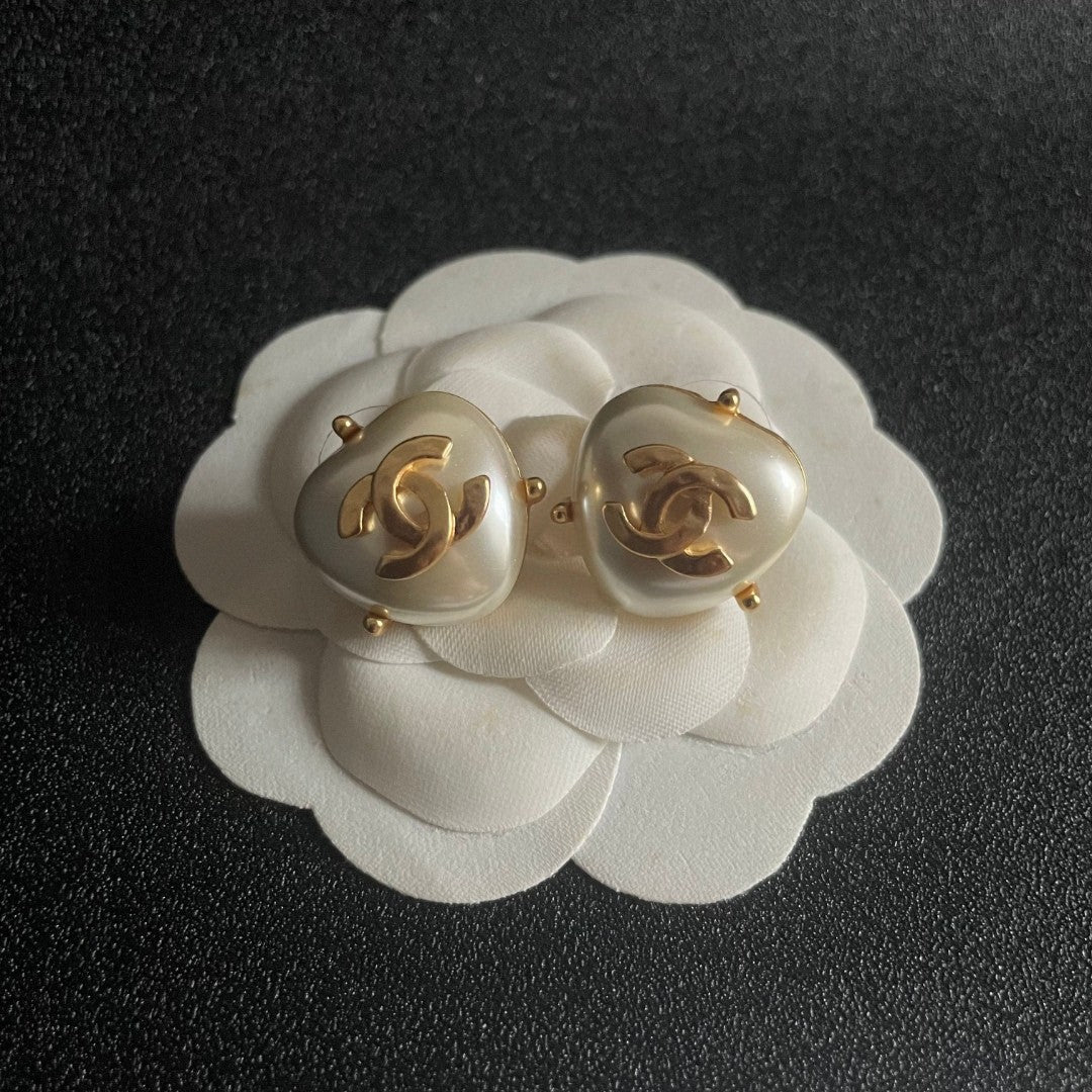 Double-C Emblem Pearl-Detail Stud Earrings – Pearl Detail – Design 008 front product view