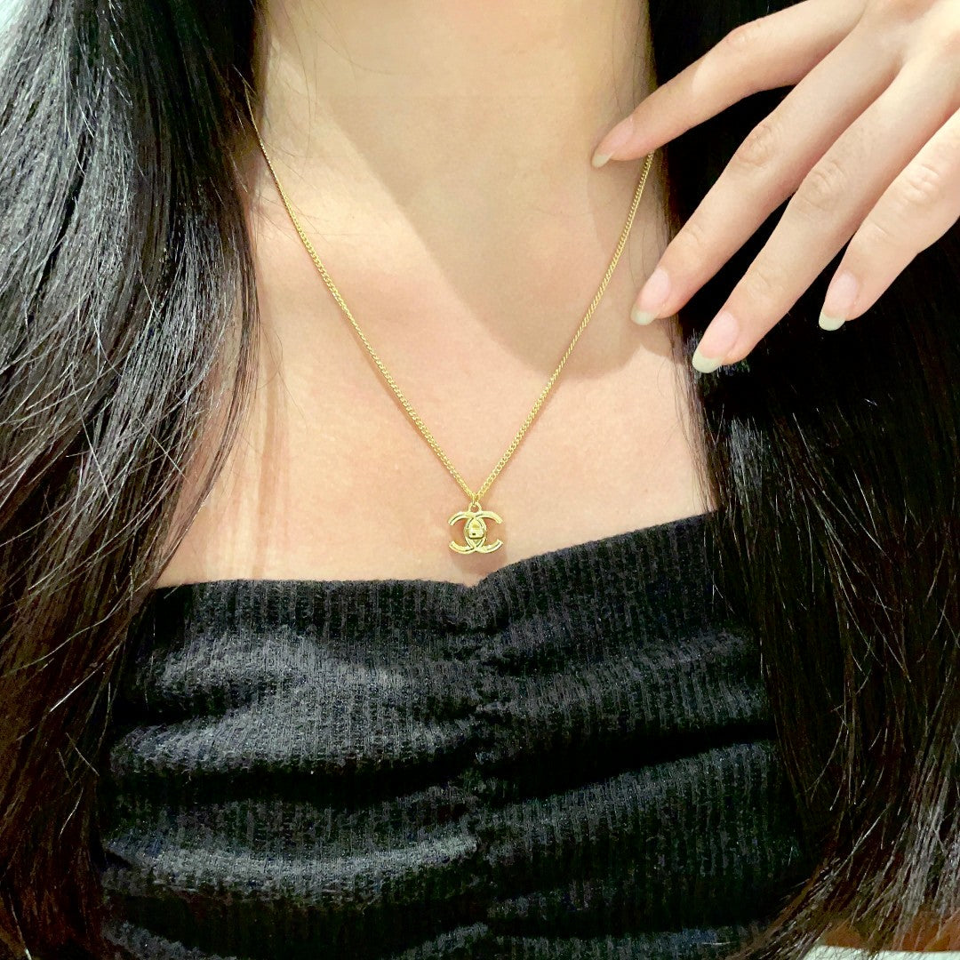 Double-C Emblem Pendant Necklace in Polished Metal-Tone – Design 024 main product view