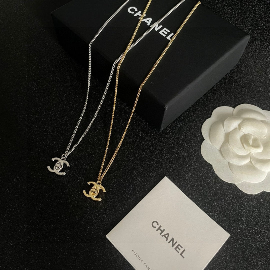 Double-C Emblem Pendant Necklace in Polished Metal-Tone – Design 024 close-up detail
