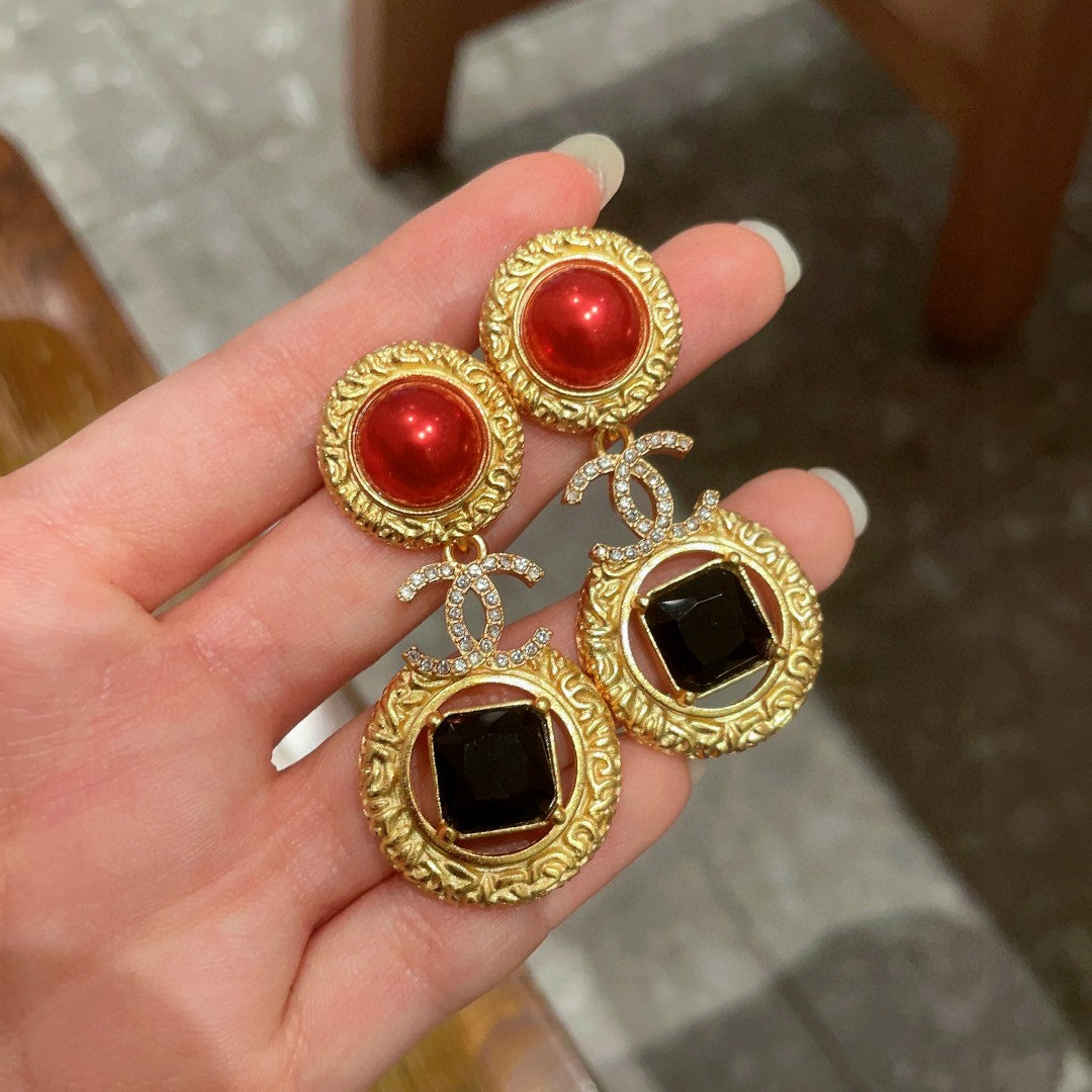 Double-C Emblem Crystal-Accent Statement Earrings – Design 017 side detail