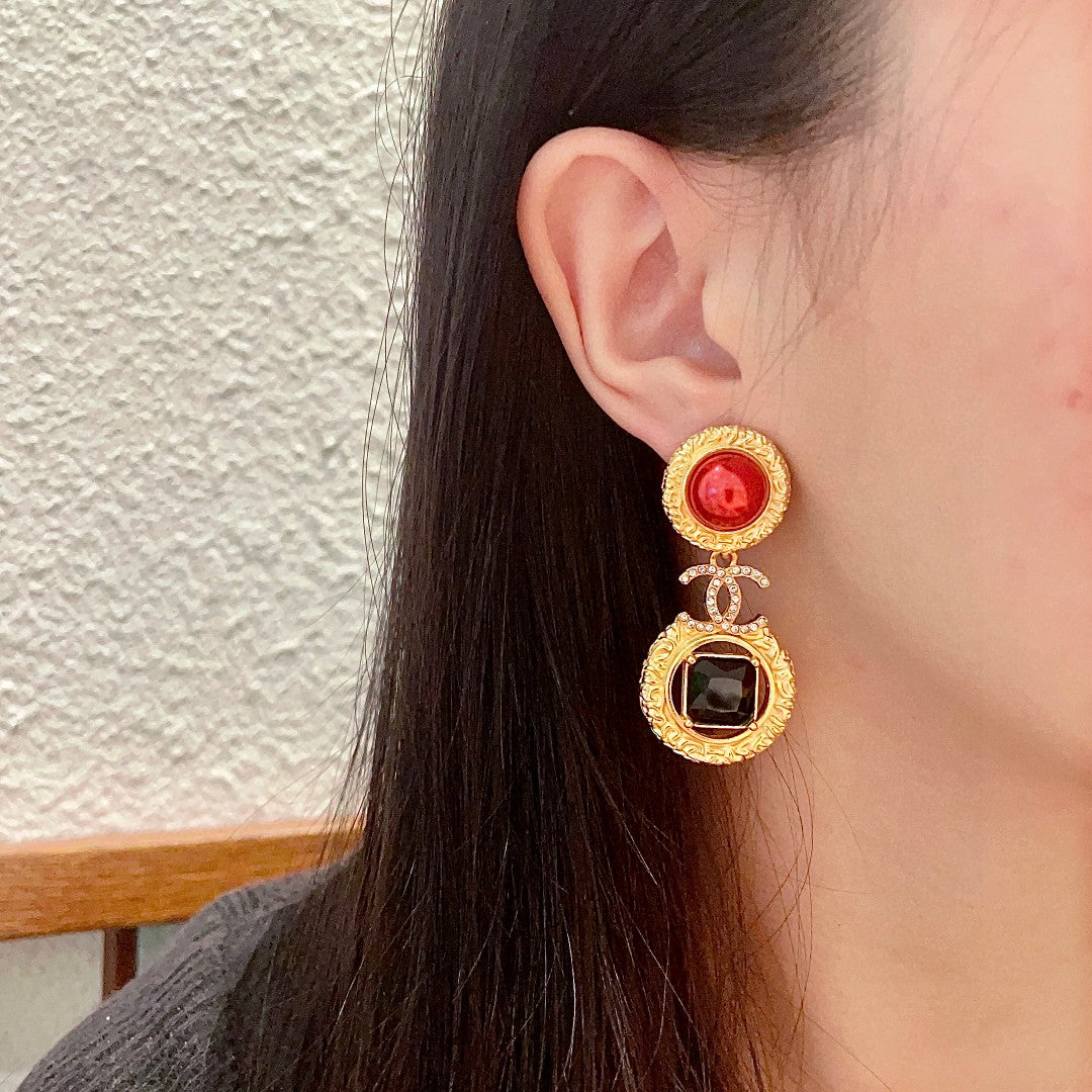 Double-C Emblem Crystal-Accent Statement Earrings – Design 017 detail view