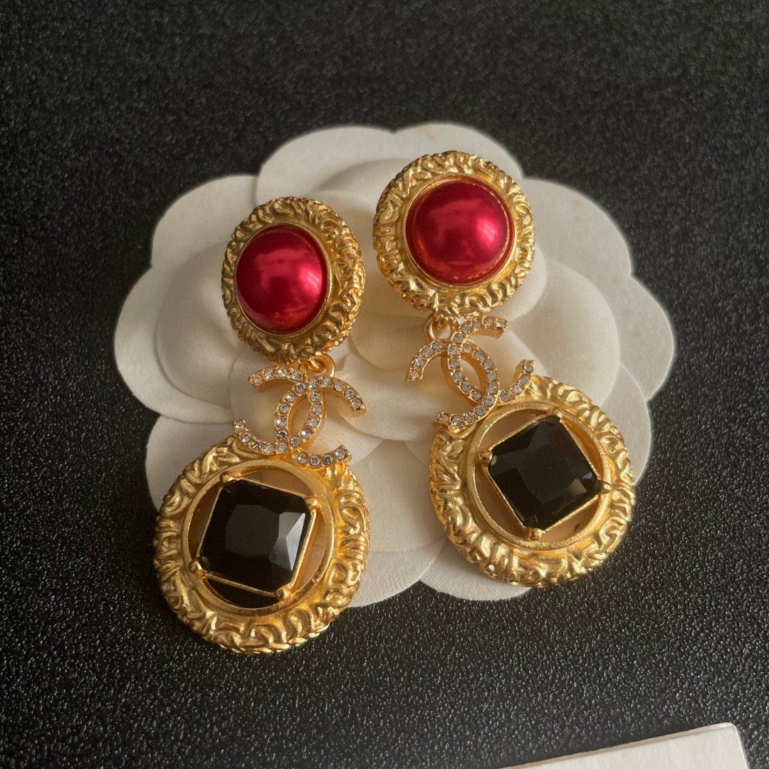 Double-C Emblem Crystal-Accent Statement Earrings – Design 017 front product view
