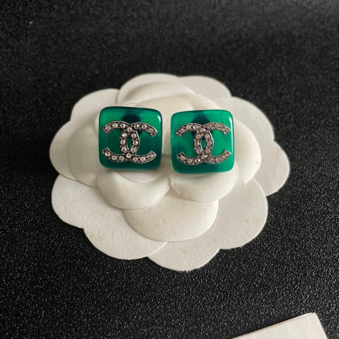 Double-C Emblem Crystal-Accent Stud Earrings – Design 024 front product view
