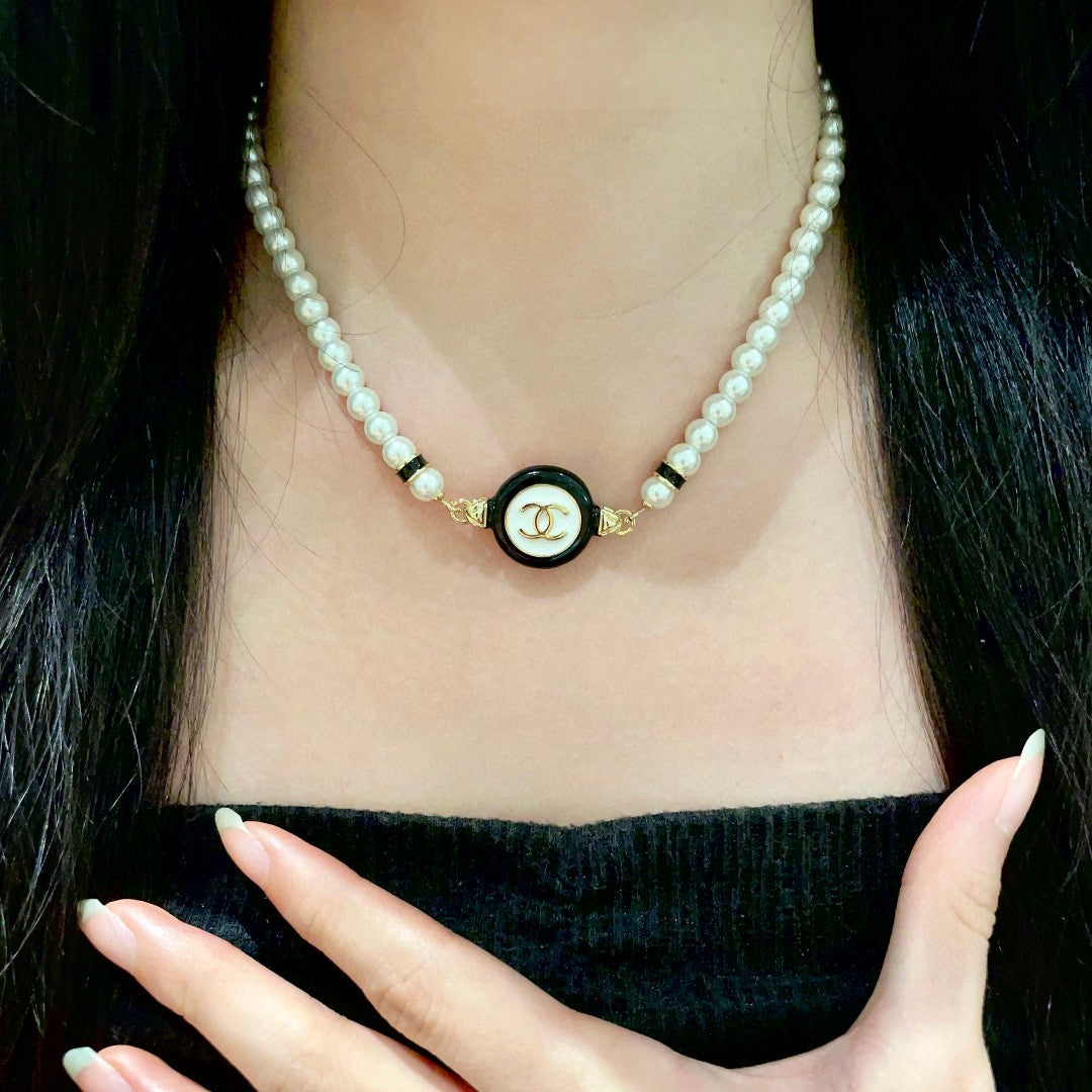 Double-C Emblem Pearl-Detail Pendant Necklace – Pearl Detail – Design 046 detail view