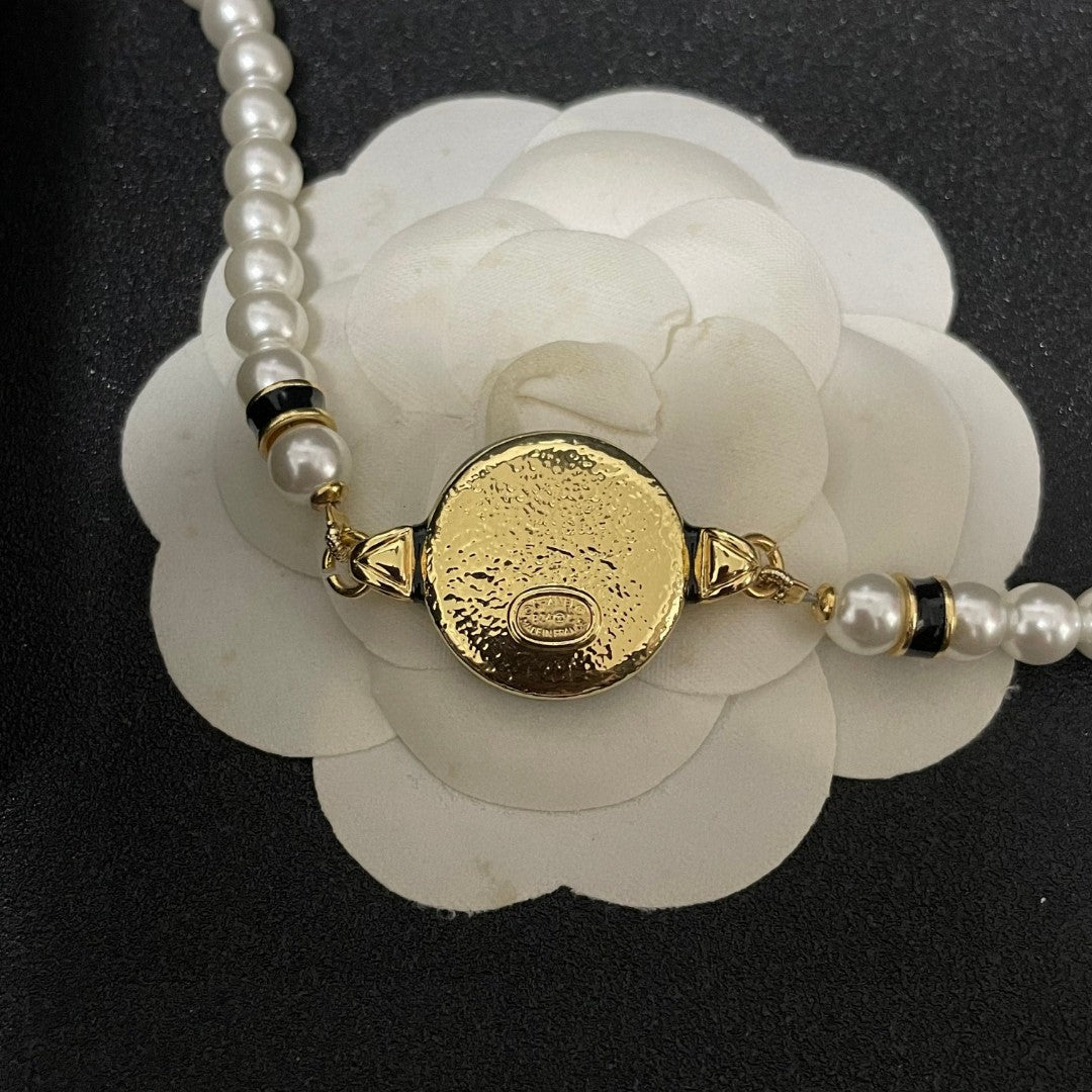 Double-C Emblem Pearl-Detail Pendant Necklace – Pearl Detail – Design 046 front product view