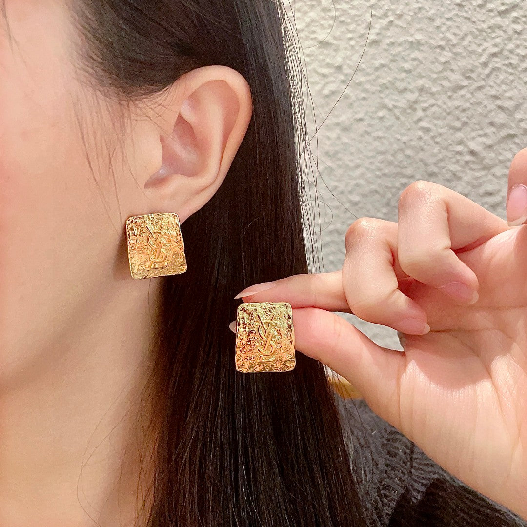 Letter Emblem Stud Earrings in Polished Metal-Tone – Design 008 main product view