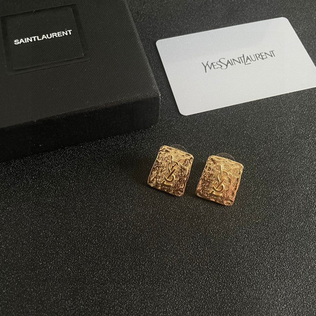 Letter Emblem Stud Earrings in Polished Metal-Tone – Design 008 styled product view