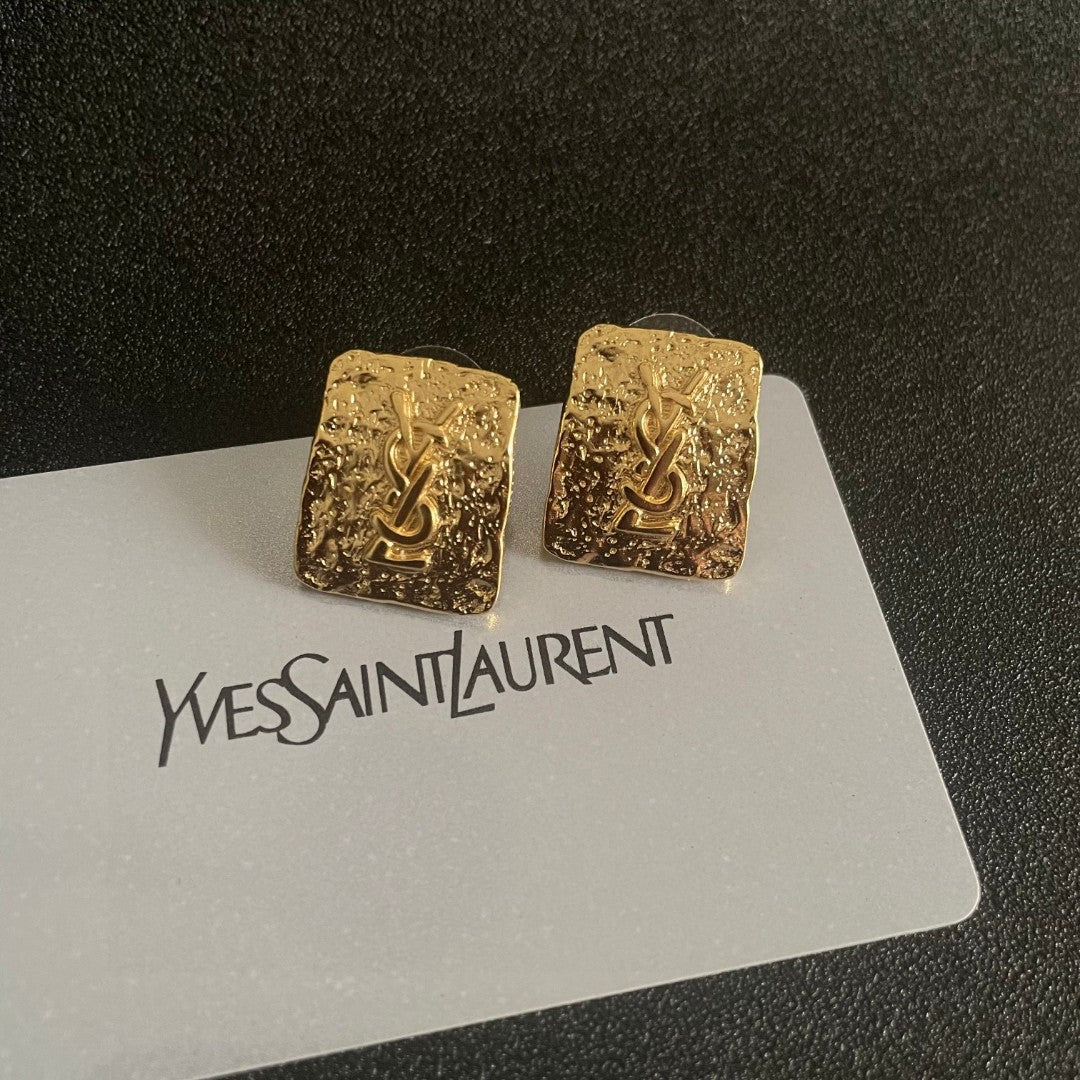Letter Emblem Stud Earrings in Polished Metal-Tone – Design 008 front product view