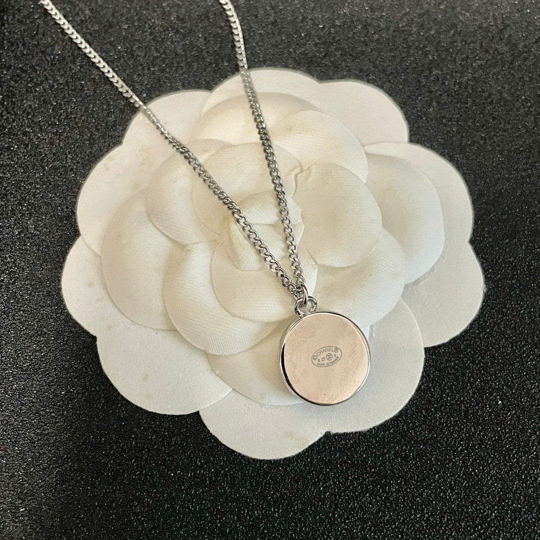 Double-C Emblem Pendant Necklace in Polished Metal-Tone – Design 019 front product view