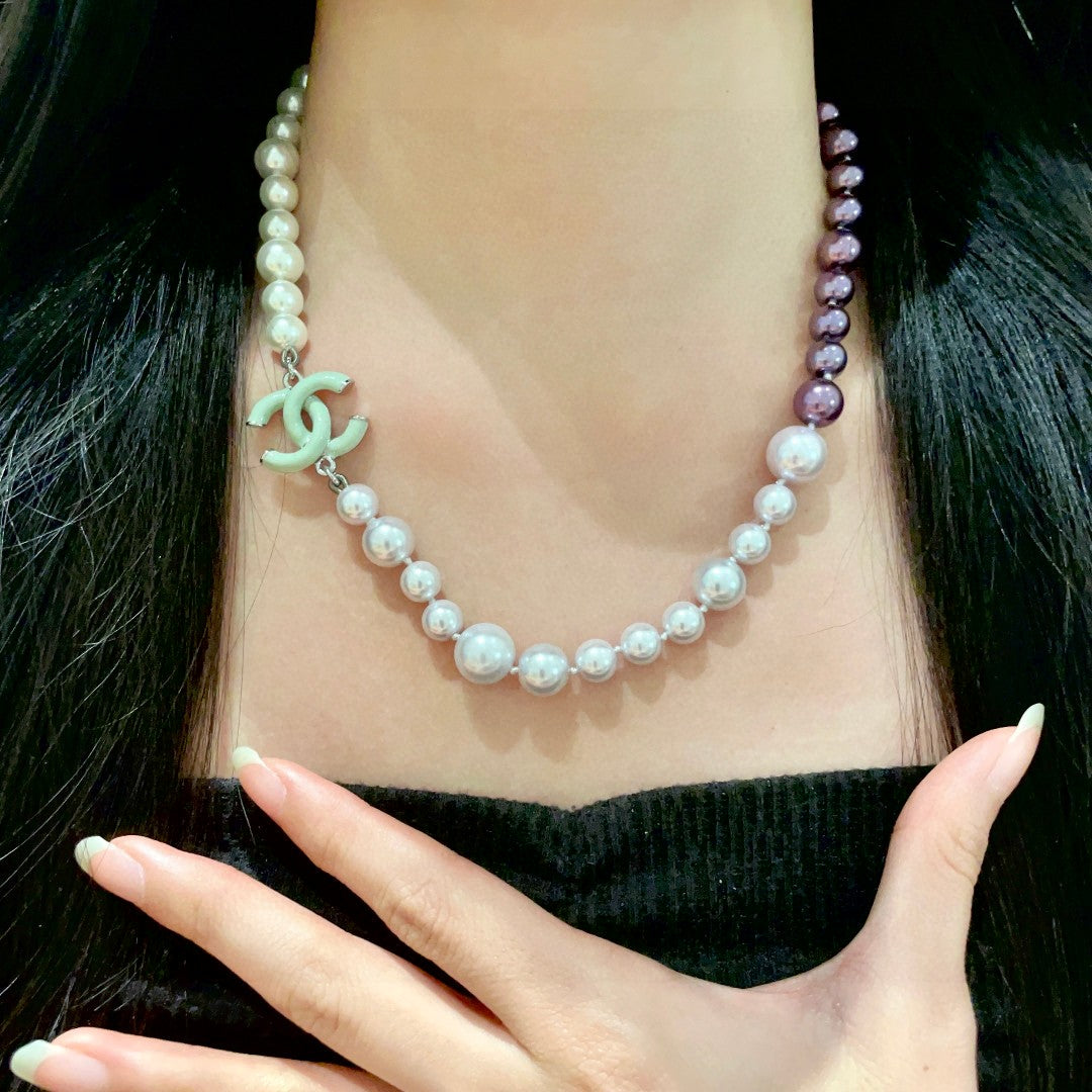Double-C Emblem Pearl-Detail Pendant Necklace – Pearl Detail – Design 045 front product view