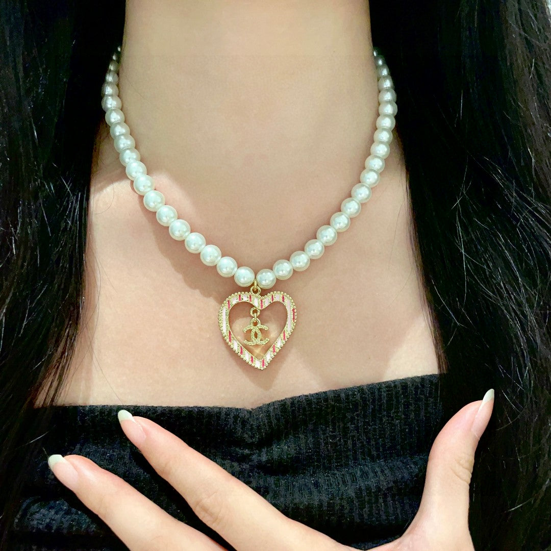 Double-C Emblem Pearl-Detail Pendant Necklace – Pearl Detail – Design 044 front product view