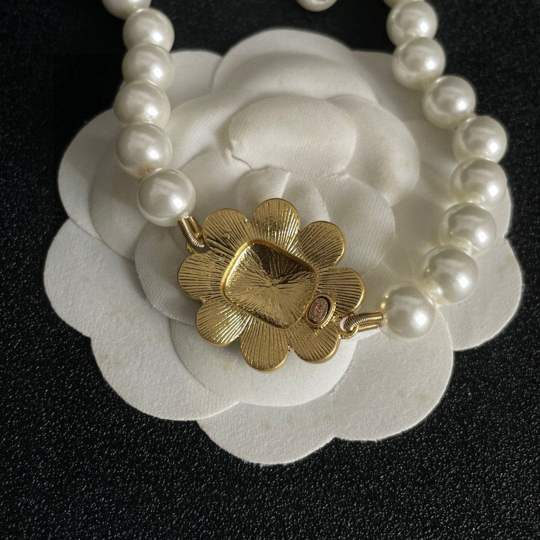 Double-C Emblem Pearl-Detail Pendant Necklace – Pearl Detail – Design 043 front product view