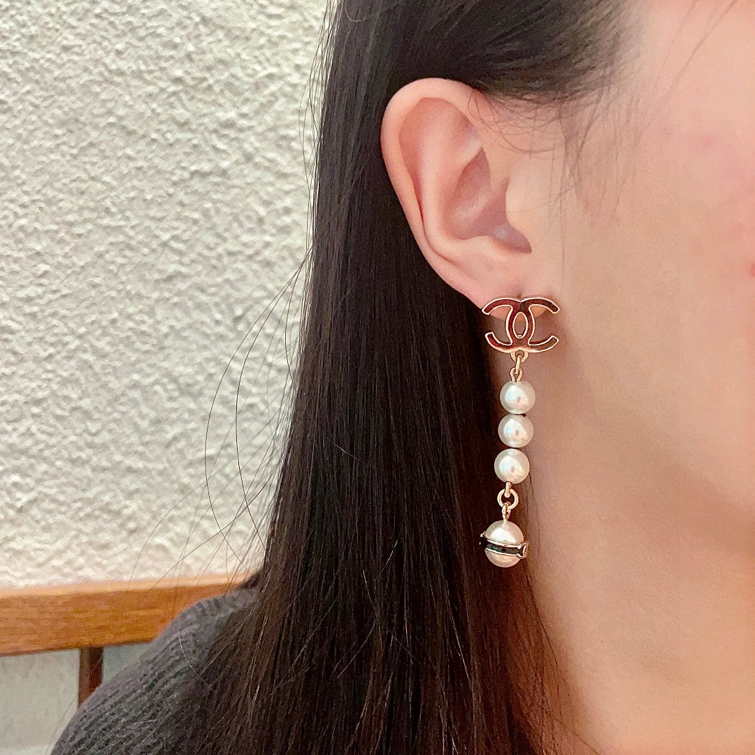 Double-C Emblem Pearl-Detail Statement Earrings – Pearl Detail – Design 011 detail view