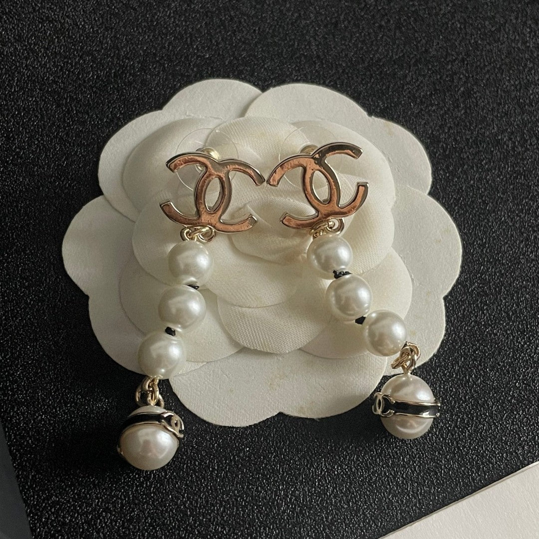 Double-C Emblem Pearl-Detail Statement Earrings – Pearl Detail – Design 011 front product view