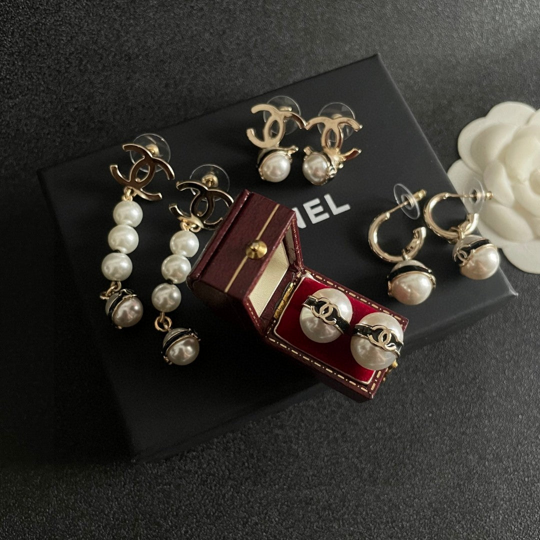 Double-C Emblem Pearl-Detail Stud Earrings – Pearl Detail – Design 006 detail view
