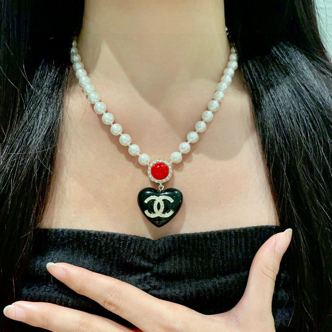 Double-C Emblem Crystal-Accent Pendant Necklace – Heart Detail – Design 002 front product view