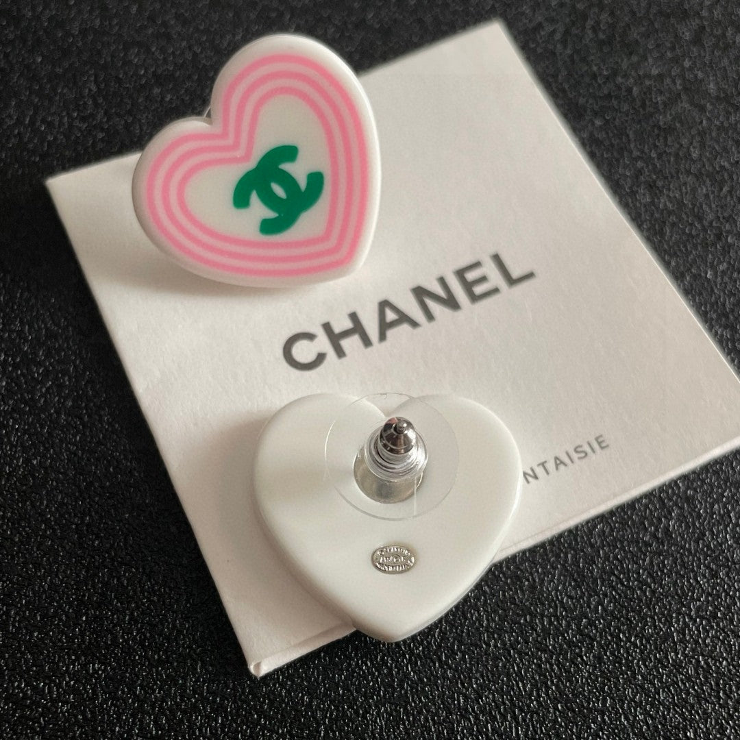 Double-C Emblem Stud Earrings in Polished Metal-Tone – Heart Detail – Design 004 main product view