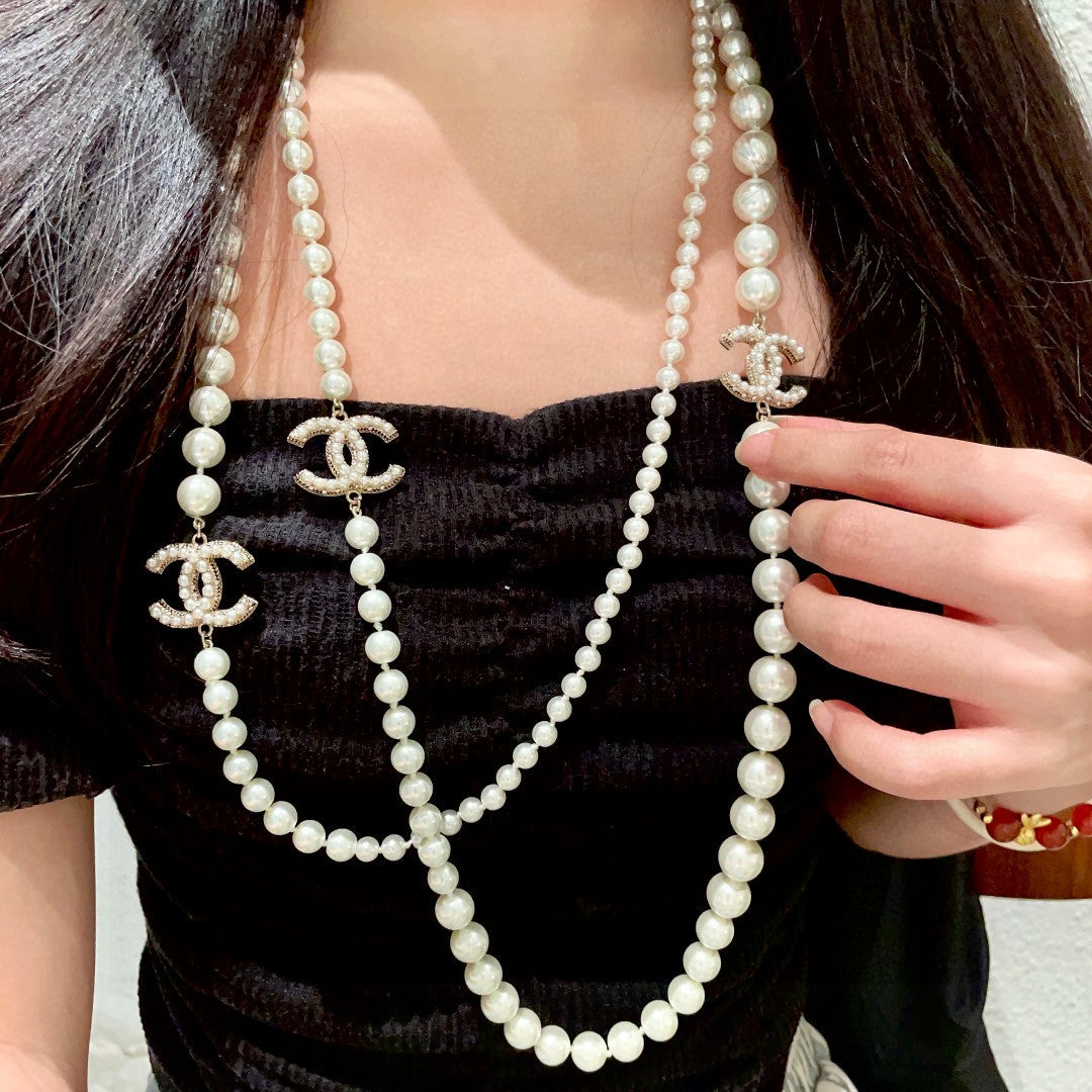 Double-C Emblem Pearl-Detail Pendant Necklace – Pearl Detail – Design 028 front product view
