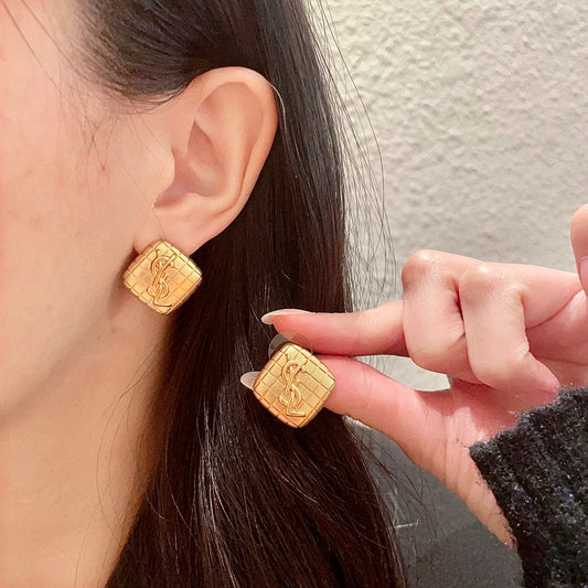 Letter Emblem Stud Earrings in Polished Metal-Tone – Design 007 main product view