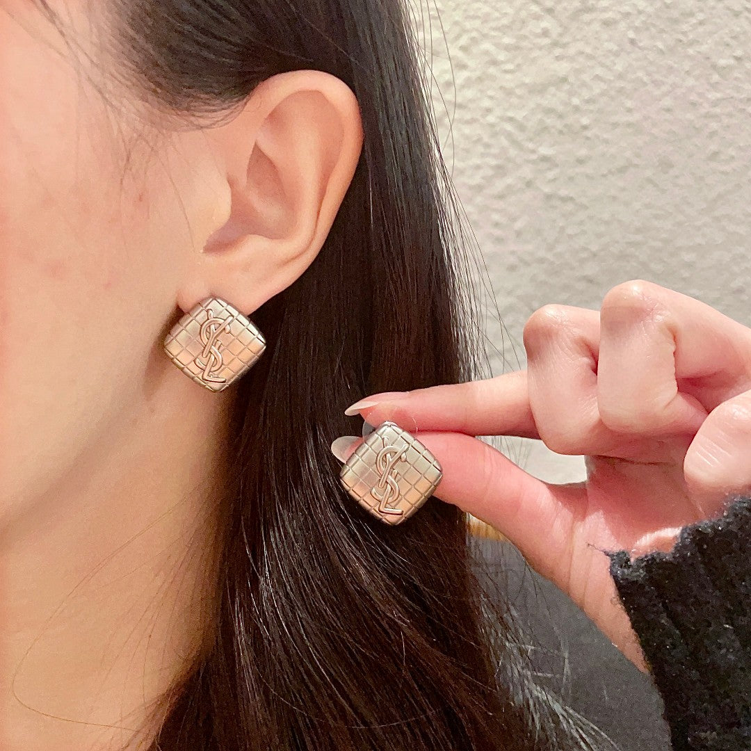 Letter Emblem Stud Earrings in Polished Metal-Tone – Design 006 main product view