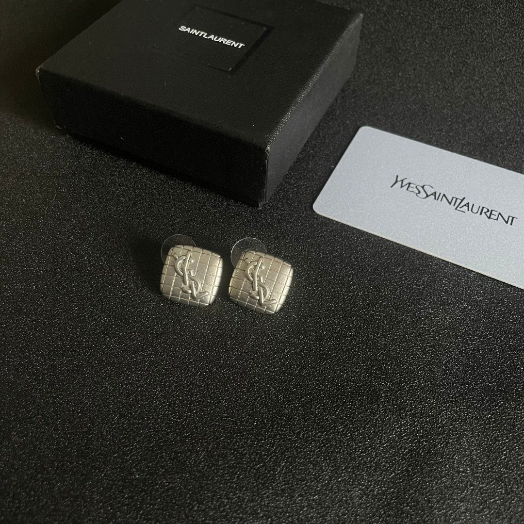 Letter Emblem Stud Earrings in Polished Metal-Tone – Design 006 close-up detail