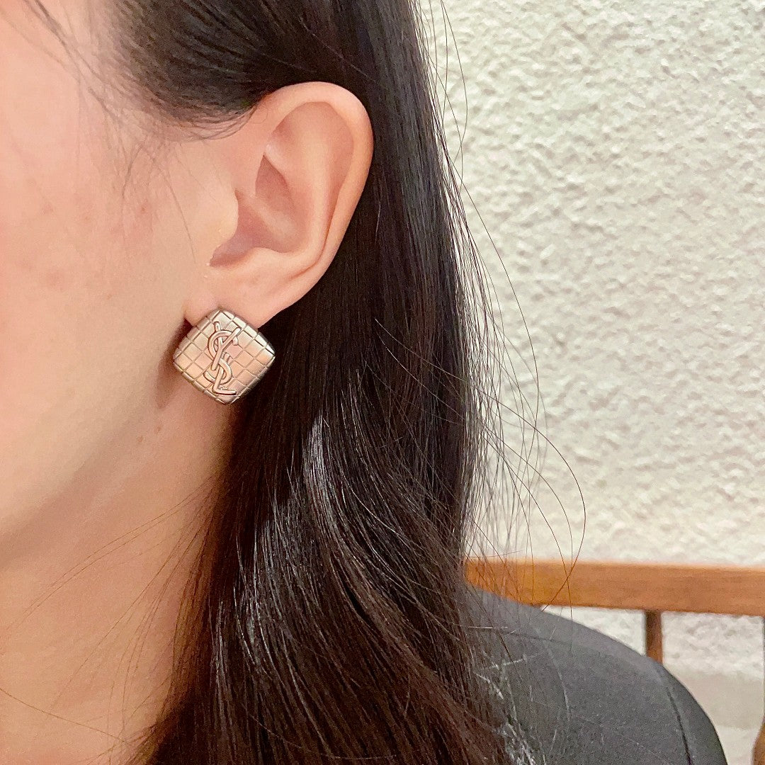 Letter Emblem Stud Earrings in Polished Metal-Tone – Design 006 detail view