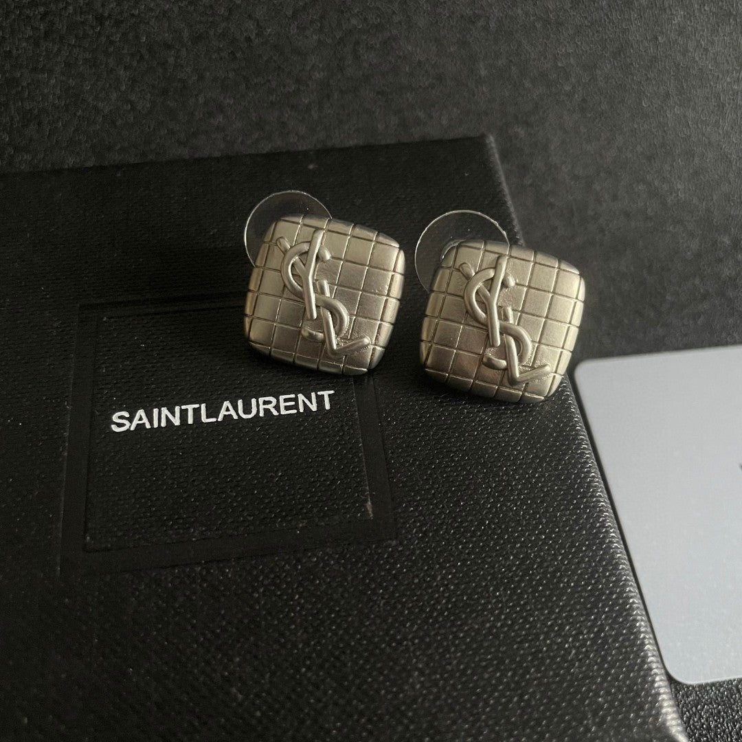Letter Emblem Stud Earrings in Polished Metal-Tone – Design 006 detail view