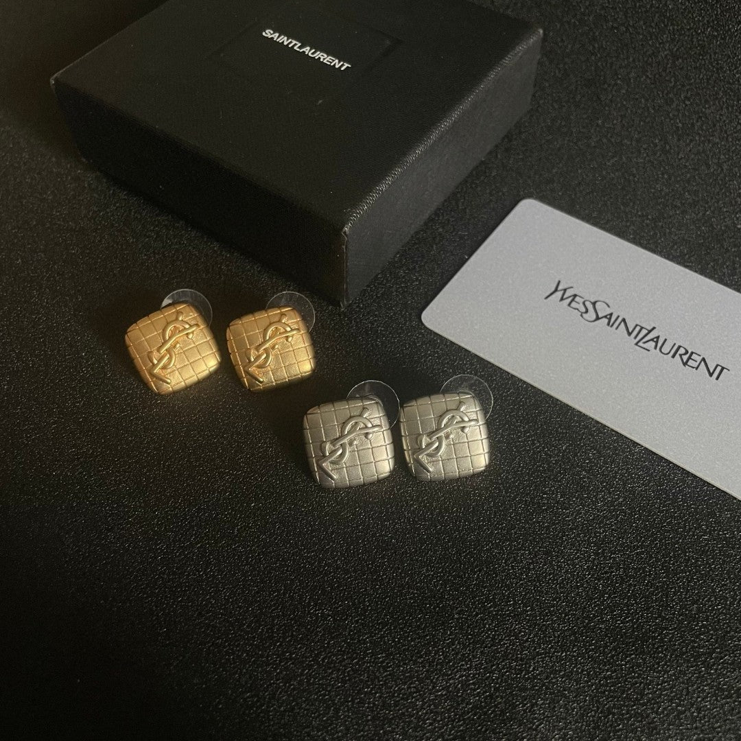Letter Emblem Stud Earrings in Polished Metal-Tone – Design 006 side detail