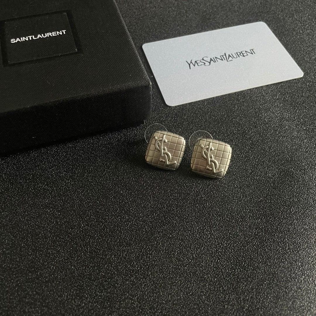 Letter Emblem Stud Earrings in Polished Metal-Tone – Design 006 styled product view