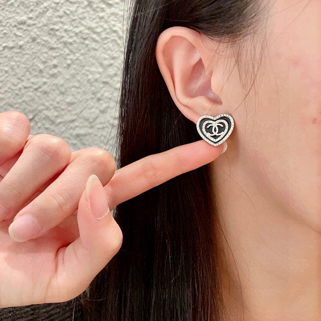 Double-C Emblem Crystal-Accent Stud Earrings – Heart Detail front product view
