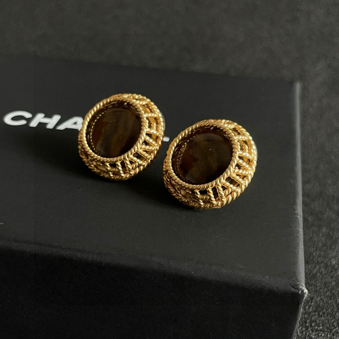 Double-C Emblem Stud Earrings in Polished Metal-Tone – Design 149 front product view