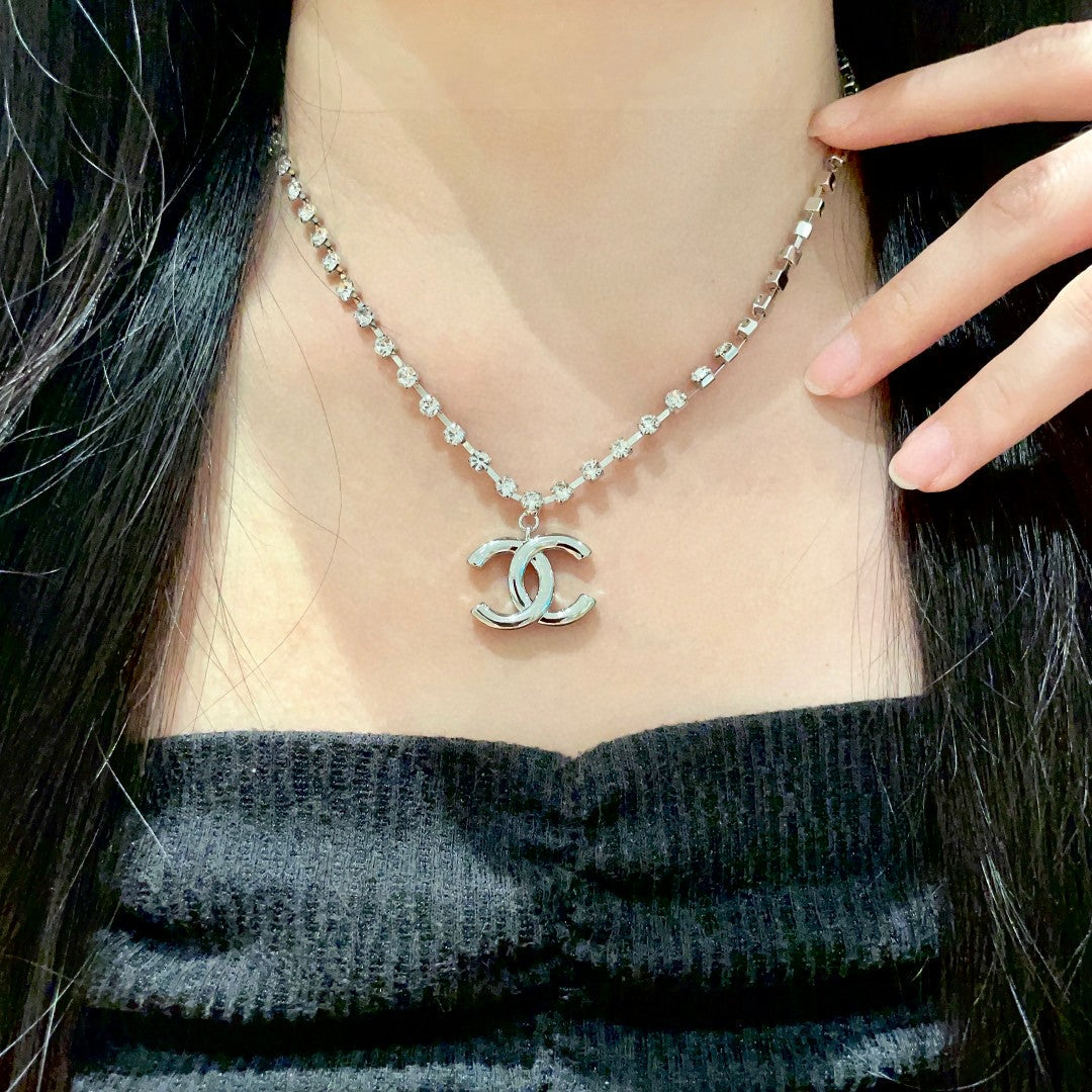Double-C Emblem Pendant Necklace in Polished Metal-Tone – Design 011 main product view