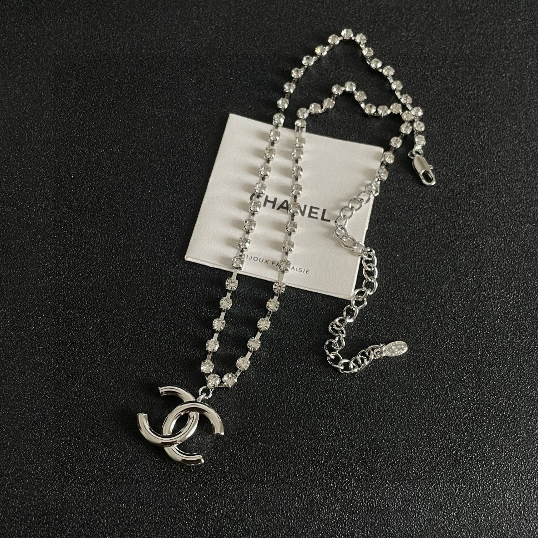 Double-C Emblem Pendant Necklace in Polished Metal-Tone – Design 011 detail view