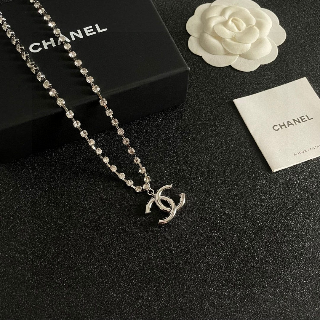 Double-C Emblem Pendant Necklace in Polished Metal-Tone – Design 011 styled product view