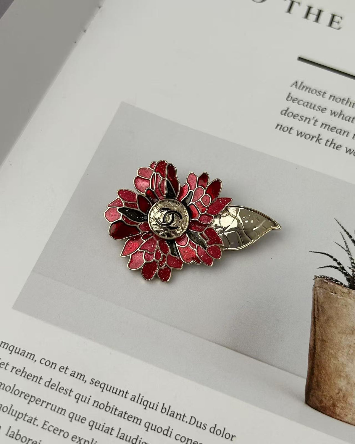 Signature Emblem Brooch in Polished Metal-Tone – Red Detail – Design 002 detail view