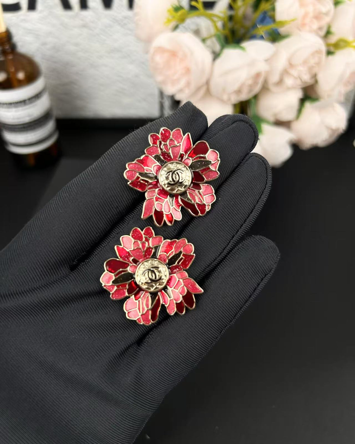 Floral Statement Earrings in Polished Metal-Tone detail view