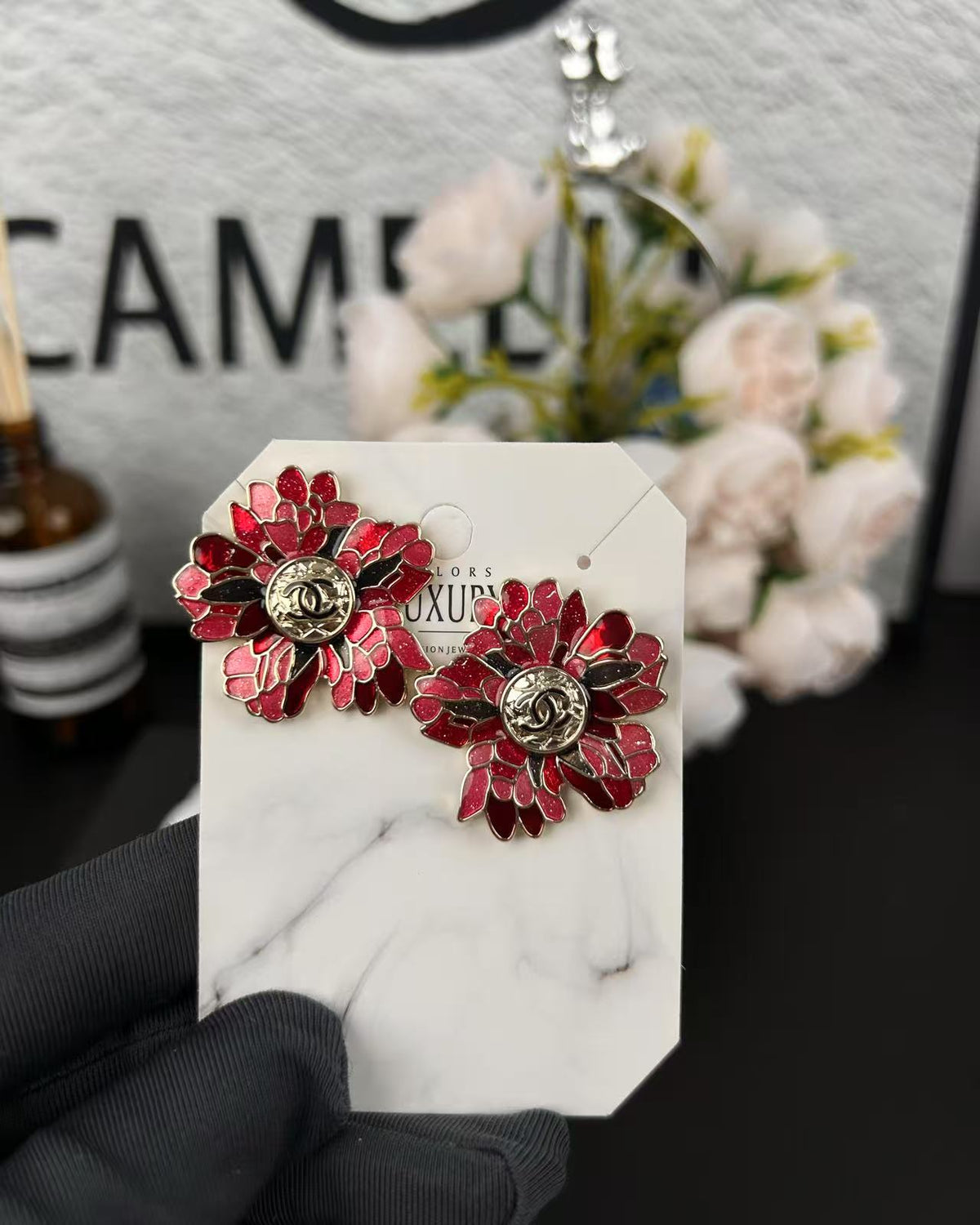 Floral Statement Earrings in Polished Metal-Tone close-up detail