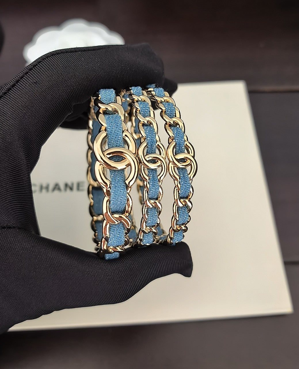 Signature Emblem Bangle in Gold-Tone – Blue Detail – Design 002 side detail