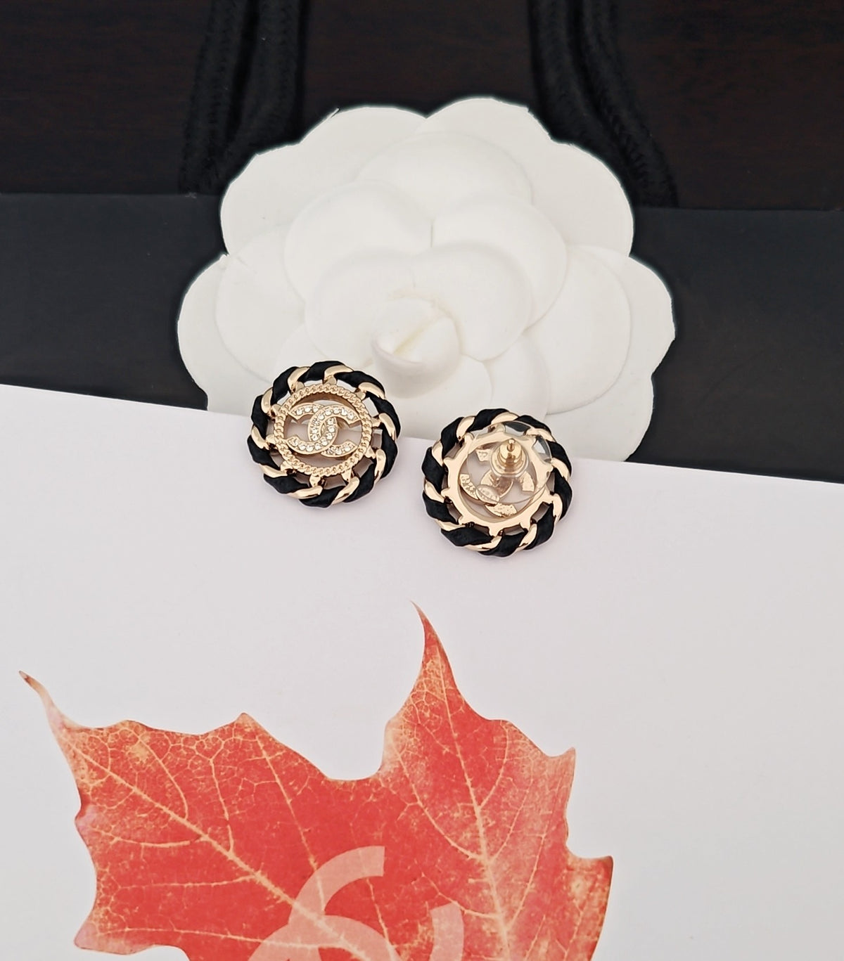 Round Stud Earrings in Gold-Tone – Black Detail side detail