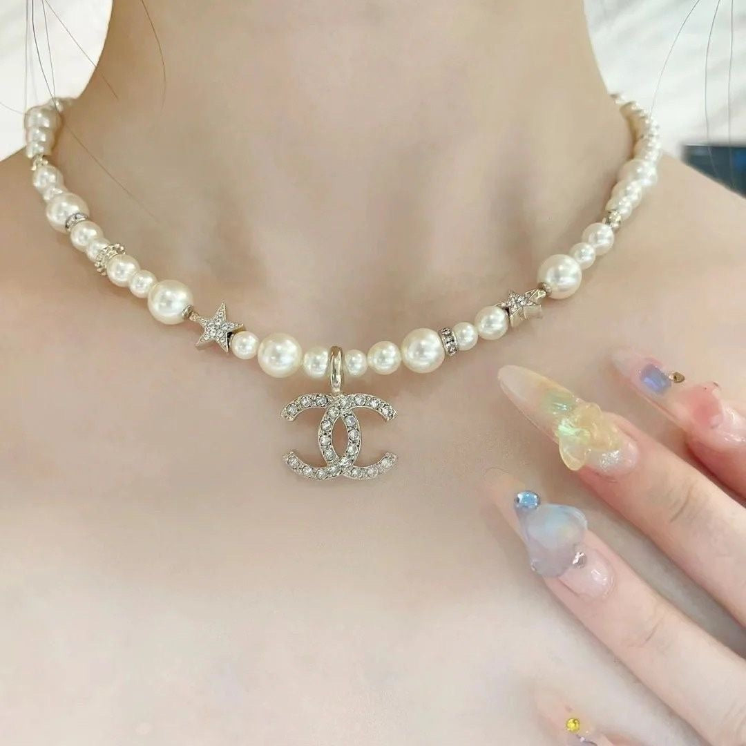 Double-C Emblem Pearl-Detail Pendant Necklace – Pearl Detail – Design 048 front product view